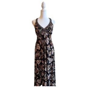 INC Black Floral Midi Dress Sleeveless V-Neck Size Small Boho Stretchy